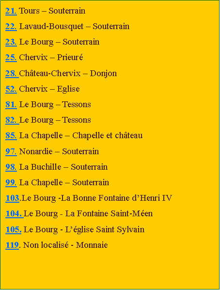 Zone de Texte: 21. Tours  Souterrain22. Lavaud-Bousquet  Souterrain23. Le Bourg  Souterrain25. Chervix  Prieur28. Chteau-Chervix  Donjon52. Chervix  Eglise81. Le Bourg  Tessons82. Le Bourg  Tessons85. La Chapelle  Chapelle et chteau97. Nonardie  Souterrain98. La Buchille  Souterrain99. La Chapelle  Souterrain103.Le Bourg -La Bonne Fontaine dHenri IV104. Le Bourg - La Fontaine Saint-Men105. Le Bourg - Lglise Saint Sylvain119. Non localis - Monnaie